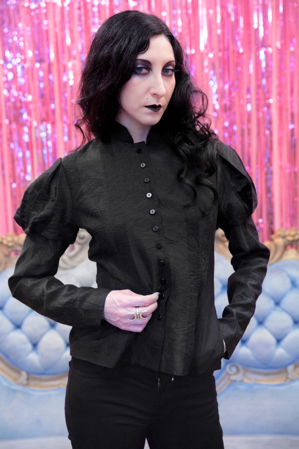 Black Fin de Siècle Shadow-Striped Jacket in Hand-Dyed Silk