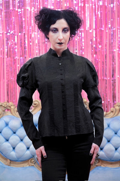 Black Fin de Siècle Shadow-Striped Jacket in Hand-Dyed Silk